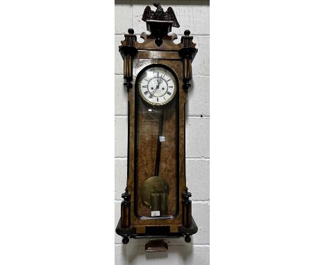 Vienna regulator wall clock, signed John Horsfall, Todmorden, eagle finial, glazed door, enamelled circular dial, twin weight