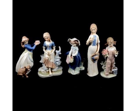 Four Lladro figurines, including Don Quixote, two Nao, and three continental figurines.Qty: 9