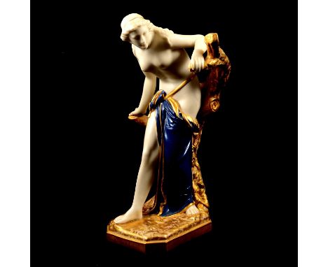 Royal Worcester figure, Bather Surprised, modelled by Sir Thomas Brock, the parian body body with powder blue robes, heighten