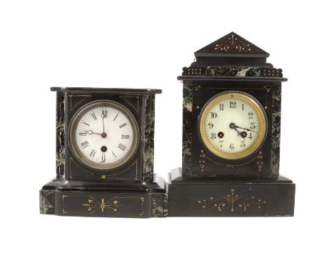 Two Victorian slate mantel and variegated marble clocks, one of architectural form, cylinder movement striking on a gong, ivo
