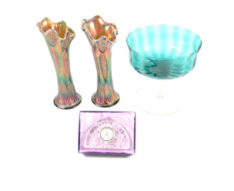 Collection of decorative and table glassware including an Edinburgh Crystal desk clock, pair of iridescent glass spill vases,