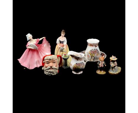 Thirteen Royal Doulton lady figurines, a trio of Doulton 'Santa Claus' character jugs, four Brambley Hedge figurines and tabl