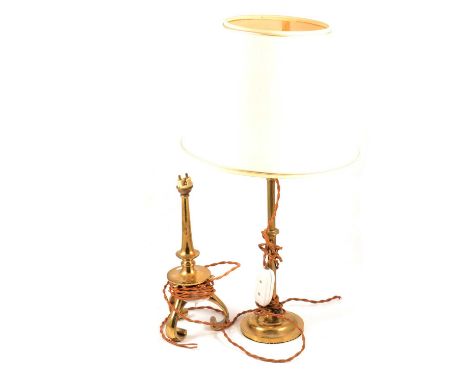 Edwardian brass table lamp, 28cm including fitting, and another with adjustable head, 39cm high incl fitting.Qty: 2