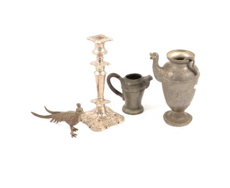 Silver-plated candlesticks; salt and pepperette; pewterwares.