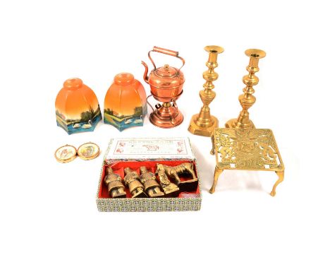 Assorted brass and metalware, including candlesticks, a bronzed-effect twin-light wall light with two 1950s glass shades, tri