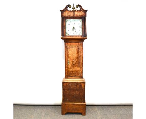 Oak longcase clock, swan neck pediment, fluted columns, long door, bracket feet, twelve inch square painted dial with floral 