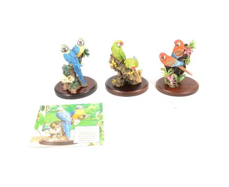 Nine limited edition Coalport composite bird figures on wooden bases: Robin Redbreast, Bull Finches, Kingfishers, Wrens, Gold