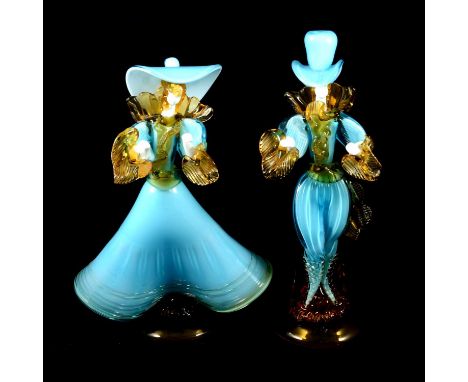 Two Murano glass figures of Courtesans, sepia and blue opaque glass, unsigned, 26cm and 24.5cm.