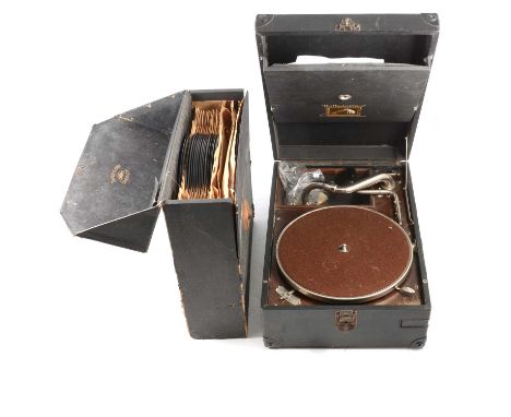 HMV Portable Record player, with a box of orchestral records.Qty: 2