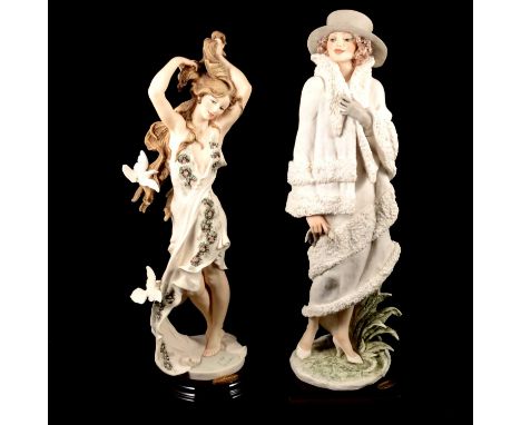 Two large Giuseppe Armani composite figures, 'Aurora' 40cm, and 'Lara', 43cm (including wooden bases), and two smaller 'Lady 