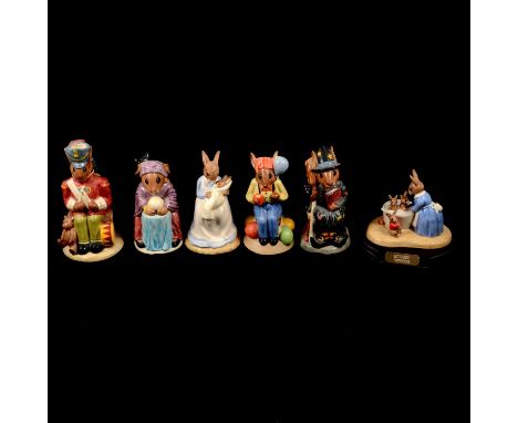Six large Royal Doulton Bunnykins figures:Fortune Teller, D7157, #1224/1500Toy Soldier, D7185, #262/1500Witching-time Bunnyki