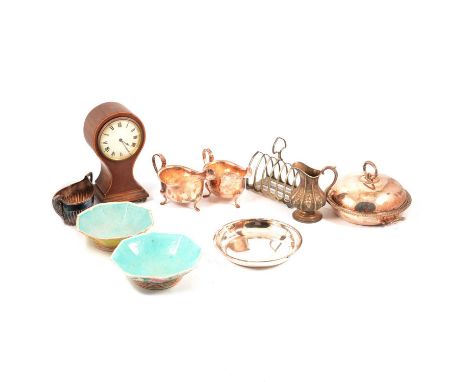 An Edwardian balloon shaped mantel clock, 22cm high, various silver-plated wares, and two oriental ceramic dishes.