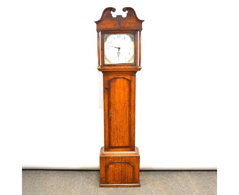 Oak longcase clock, swan neck pediment and turned columns, long door, reduced base, twelve inch square painted dial indistinc