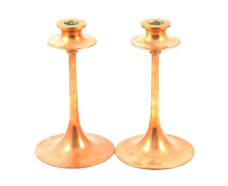 Pair of Arts &amp; Crafts cast brass candlesticks, probably Dryad, unmarked, 20.5cm.Condition report:Some light pitting in th