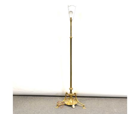 Arts and Crafts brass standard lamp, Benson style, on shaped tripod legs, height to fitment 142cm.Condition report:The column