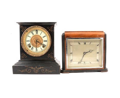 Late 19th century slate-effect mantel clock, Ansonia Clock Co, ivorine circular dial, Roman numerals, 26cm, and an Elliott wa