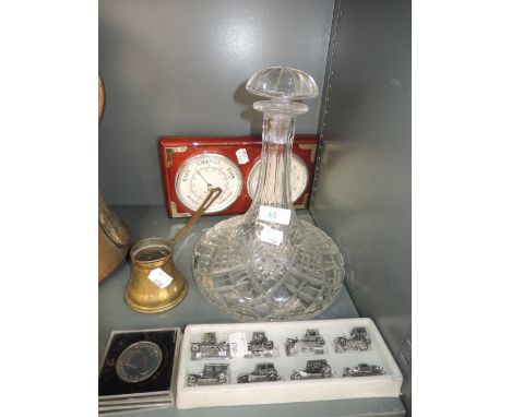 A selection of collectable including barometer and clear cut crystal decanter