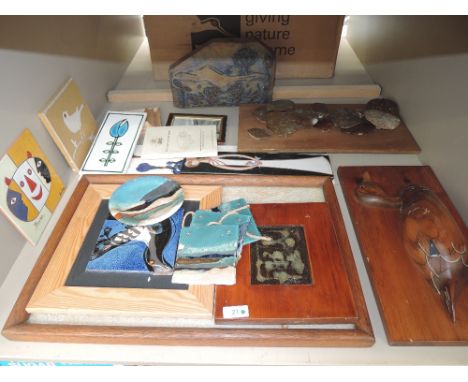 A selection of miscellaneous including Picasso inspired tile, a Harrods decoy duck plaque, printing block, vintage cricket ph