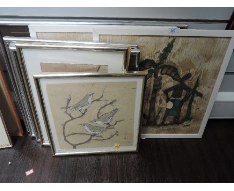 A pair of fabric prints after P Nsubuca, tribal plantation, signed 16in x16in and four fabric prints, birds, monogrammed and 