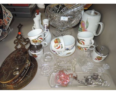 A selection of miscellaneous including glass fruit bowl, glass knife rests, Royal Worcester Evesham ware brass skillet etc