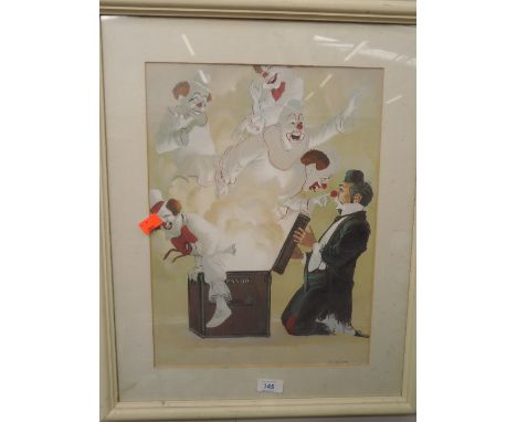 An unusual circus related print of clown and magic box by Robert Owen