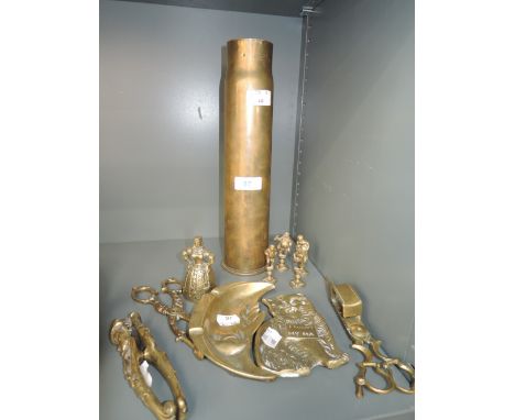 A selection of brass wares including large ammunition shellLenght 30cm x 6cm open end