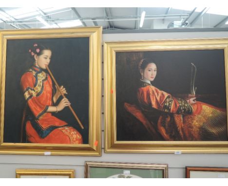 A pair of finely detailed Oriental Geisha smoking and playing music oil on board
