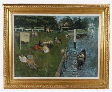 Patricia M. Algar (British, 1939-2013) Lazy Sunday afternoon by the river, signed verso, oil on board, 60cm x 81cm.'Artist’s 
