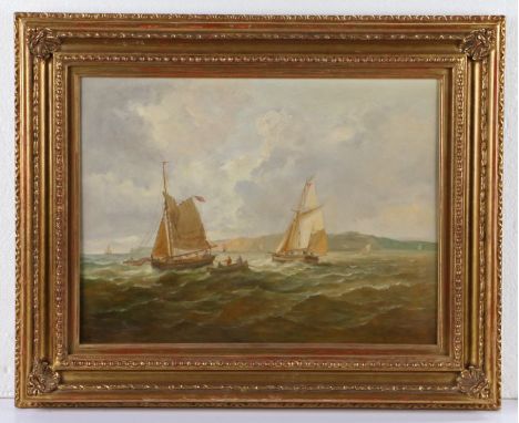 Manner of James Webb (British, 1825-1895) Fishing boats in choppy waters, bearing signature (bottom-left), oil on panel, 29.5