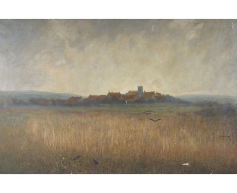 M. Therington? (late 19th/early 20th century) Panoramic landscape with church and village, named to stretcher, oil on canvas,