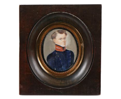 S.B. Benavente (learly 19th century) Oval portrait miniature of G.J. Middelbergh (1809-1839) in blue tunic, on ivory, inscrib