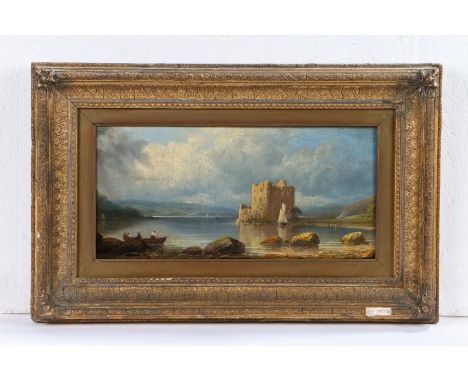 British School (19th century) Panoramic loch scene with castle, possibly Urquhart Castle on Loch Ness, oil on panel, 17.5cm x