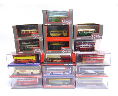 FIFTEEN 1/76 SCALE CORGI ORIGINAL OMNIBUS COMPANY DIECAST MODEL BUSES  including one set, each mint or near mint and boxed.