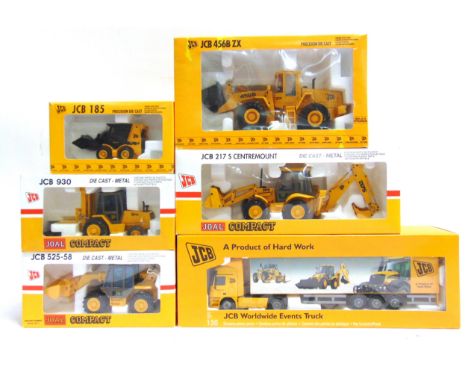 SIX JOAL JCB DIECAST MODEL VEHICLES  comprising a JCB Worldwide Events Truck; JCB 456B ZX Loader; JCB 217S Centremount Backho