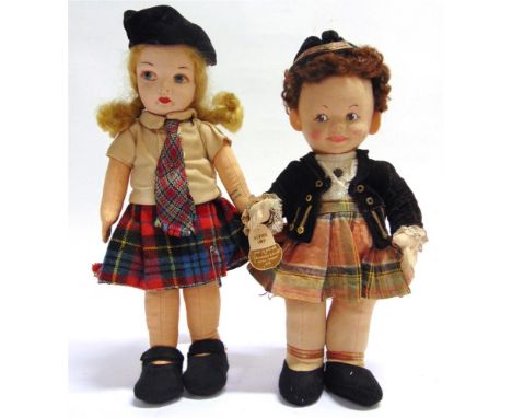 TWO CLOTH SCOTTISH GIRL DOLLS  comprising a Farnell Alpha Imp, wearing traditional attire including a glengarry and a tartan 