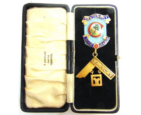 A MASONIC GOLD &amp; ENAMEL JEWEL  of Lodge No.4908 interest, with a pendent square (latter marked 14 and .585, and approxima