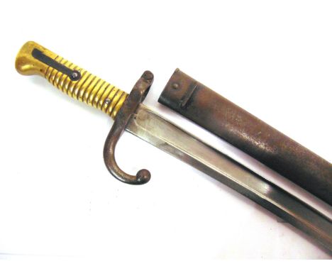 A FRENCH M1866 'CHASSEPOT' YATAGHAN SWORD BAYONET  the 57.5cm steel blade inscribed to the back-edge 'Mre Ile de Chat[ellerau