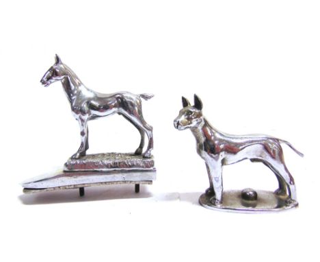 AUTOMOBILIA - TWO CHROMED METAL MOTOR CAR BONNET MASCOTS  comprising a Desmo standing horse, overall 12cm long; and an unmark