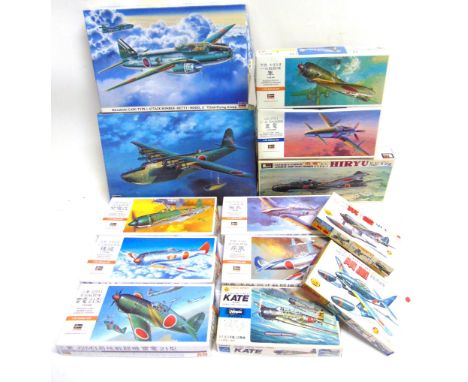 THIRTEEN 1/72 SCALE UNMADE PLASTIC AIRCRAFT KITS  by Hasegawa (9), and others, each boxed.