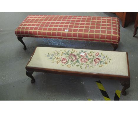 Early 20th Century upholstered footstool of rectangular form on cabriole legs. 125cm long approx. Together with another tapes
