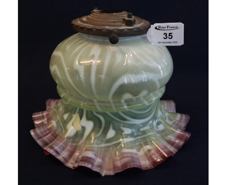 Victorian vaseline glass frilled oil burner light shade or ceiling light shade in cranberry and green. (B.P. 21% + VAT)Grubby