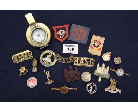 Box of oddments to include; T.G. Co Ltd London military 1941 MKIII brass compass, together with other items including; cap ba