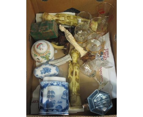 Box of assorted oriental and other items to include; ginger jar and cover, boxes and covers, tea caddy, resin figurines, drin