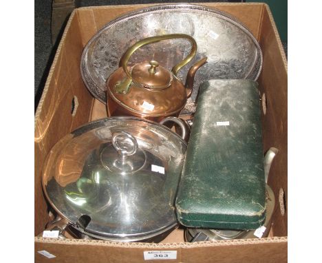 Box of assorted metalware to include; large tureen and cover with ladle, cased carving set, silver plated tray, copper and br