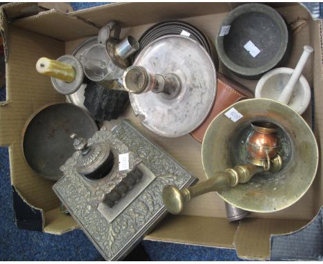 Box of oddments to include; brass pestle and mortar, Edwardian desk inkwell, silver plated chamber stick etc. (B.P. 21% + VAT