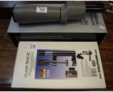Bushnell spacemaster 60mm telescope, 78-1800 in original box together with cullmann 2703 magic clamp in original box . (B.P. 