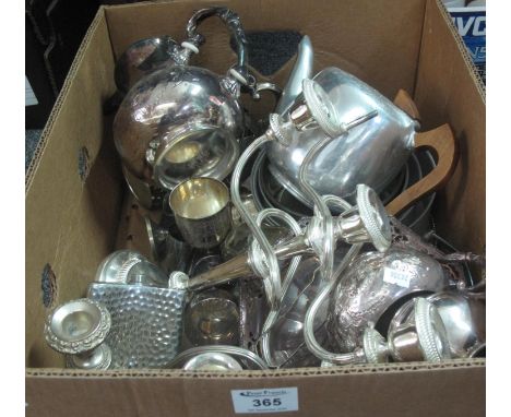 Box of assorted metalware to include; table candelabra, Picquot ware teapot, silver plated teaset, hip flask etc. (B.P. 21% +