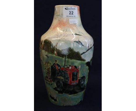 Cobridge stoneware 'The Logging' pattern vase decorated with a rural scene of a tractor and animals within a landscape, in or