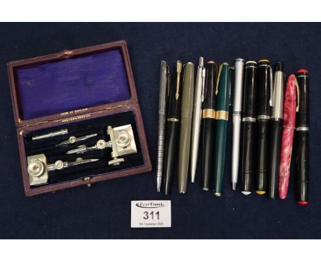 Box of assorted fountain and other pens, various, together with a cased Reeves &amp; Sons cased compass set. (B.P. 21% + VAT)
