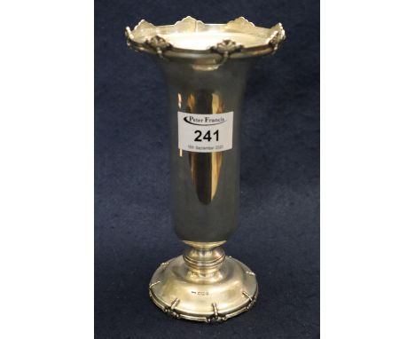 Walker and Hall silver trumpet shaped vase with moulded petals on a pedestal base, Sheffield hallmarks with loaded wooden bas